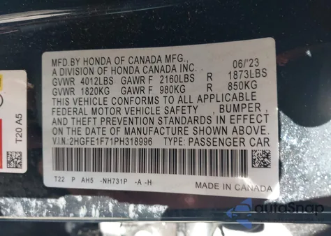 2023 Honda Civic Ex /Ex W/O Bsi z USA, uszkodzony, nr VIN 2HGFE1F71PH318996